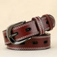 Double-stitched hollow pin buckle belt, deep brown leather with silver buckle and white stitching