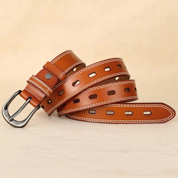 Double-stitched leather belt with pin buckle, orange-brown color and multiple eyelets