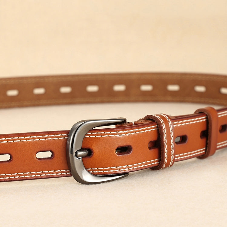 Brown leather belt with hollow pin buckle and double-stitched eyelet holes