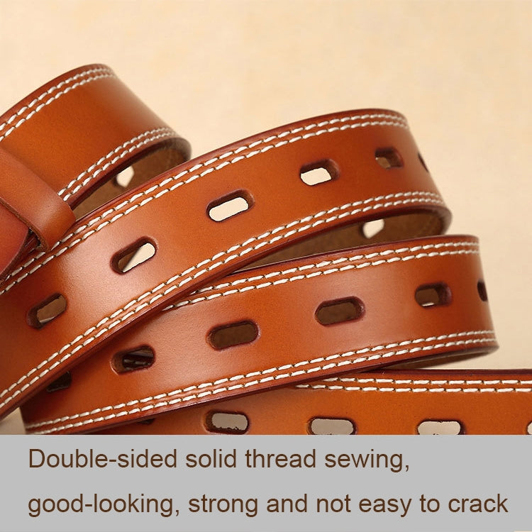 Double-stitched belt strap with stitched edges and hollow pin holes, brown leather