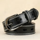 Double-stitched hollow pin buckle belt, black leather with silver buckle and double white stitching