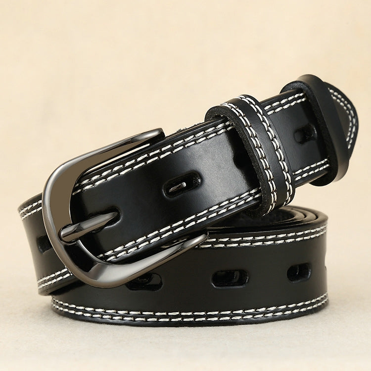 Double-stitched hollow pin buckle belt, black leather with silver buckle and double white stitching