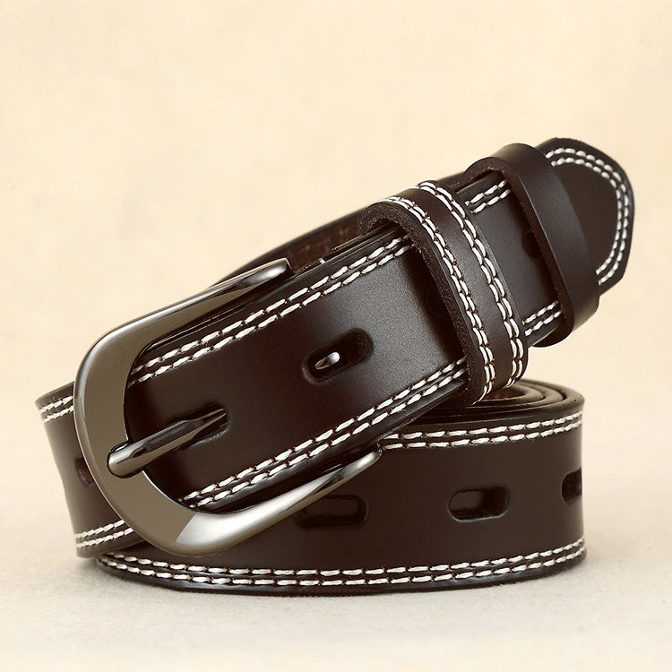Double-stitched leather belt with pin buckle, dark brown finish and contrast stitching