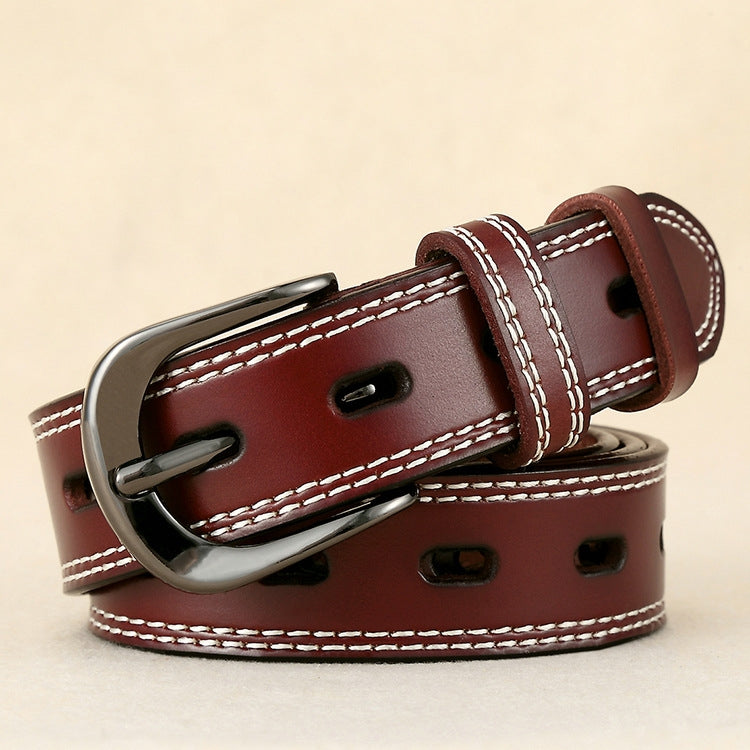 Double-stitched hollow pin buckle belt, burgundy leather with silver buckle and white stitching