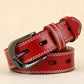 Double-stitched hollow pin buckle belt, red leather with silver buckle and white stitching