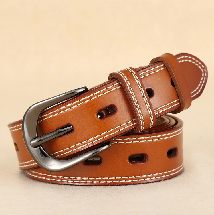 Double-stitched leather belt with pin buckle, cognac brown leather and double stitch trim