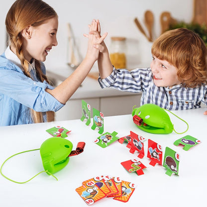 Green frog tongue-out desktop game toy for parent-child play, with cards and pieces