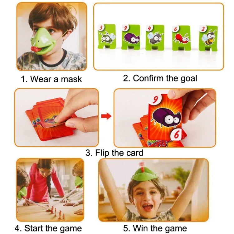 Game instruction cards showing steps with frog tongue-out mask and matching targets