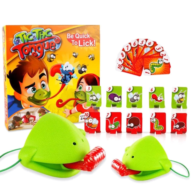 Two green frog tongue-out desktop toys with insect number cards and fan deck