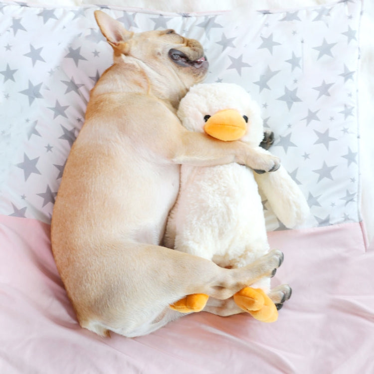 Cream plush duckling dog biting toy with orange beak and wings, held by a dog