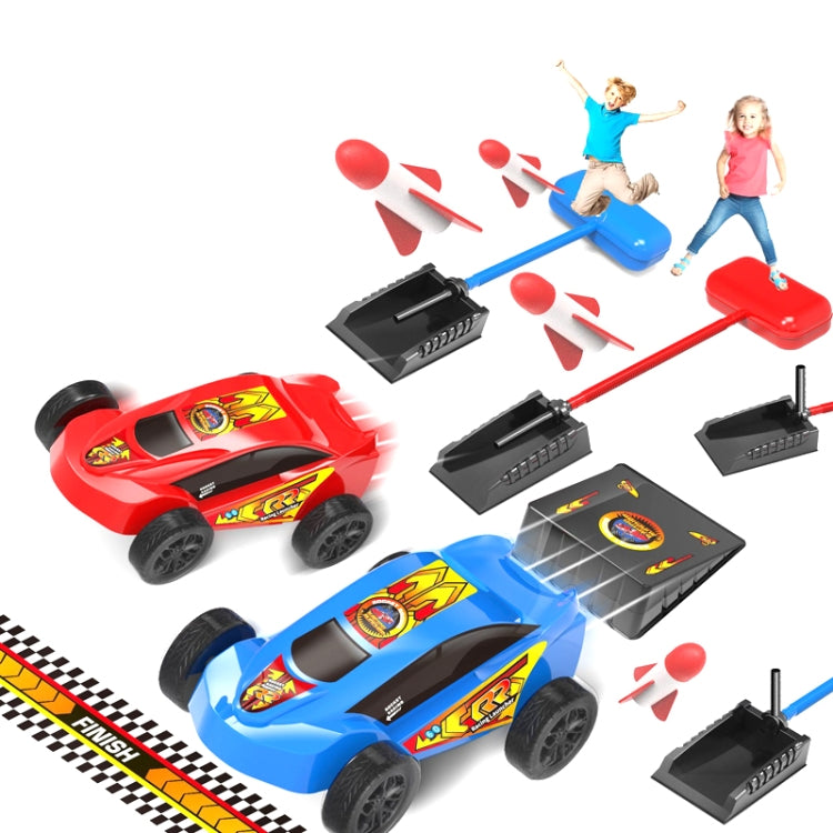 Red and blue rocket race cars with pedal launchers and black jump ramp pads