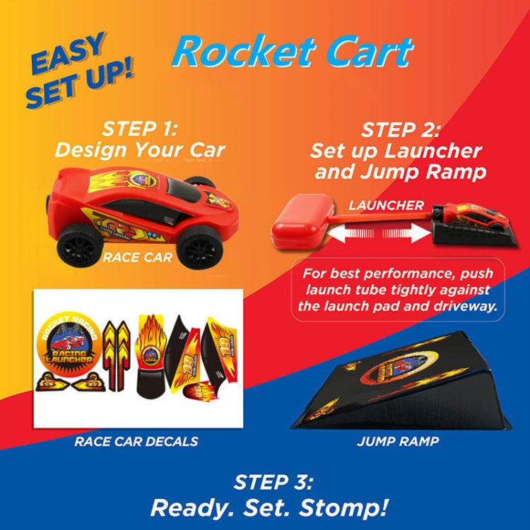 Rocket car set components: race car, launcher, and jump ramp with decals