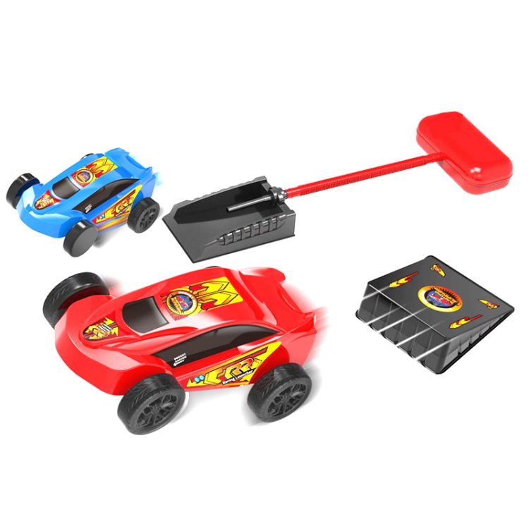 Blue and red rocket race cars with red pedal launcher and black jump ramp pad