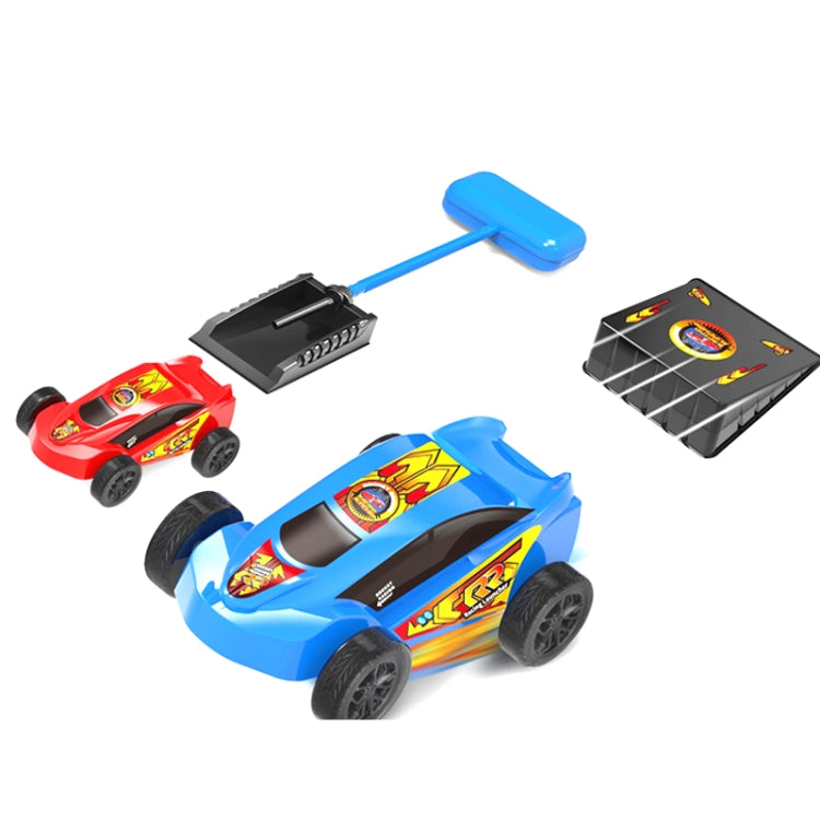 Blue launcher with red and blue rocket race cars plus black jump ramp pad