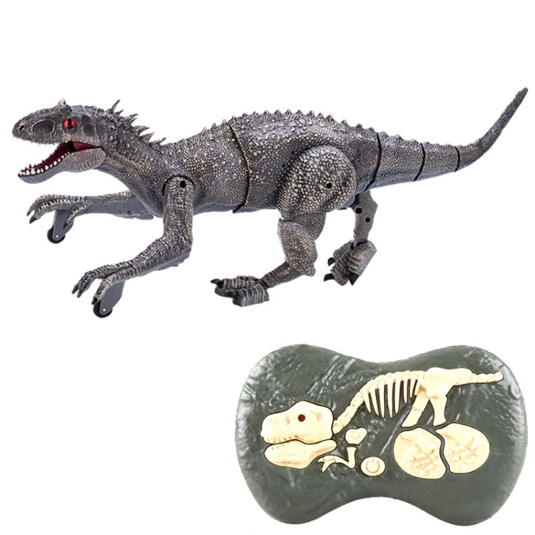 Gray mechanical T-rex dinosaur toy with red eye detail and poseable articulated legs
