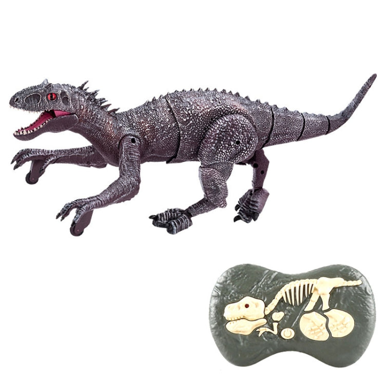 Gray mechanical T-rex dinosaur toy with red eye and small bone-themed controller