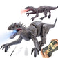 Gray mechanical T-rex dinosaur toy with red mouth light, plus hand holding bone controller