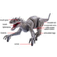 Gray mechanical T-rex dinosaur toy close-up with glowing mouth and movable tail