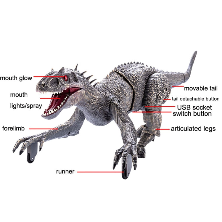 Gray mechanical T-rex dinosaur toy close-up with glowing mouth and movable tail