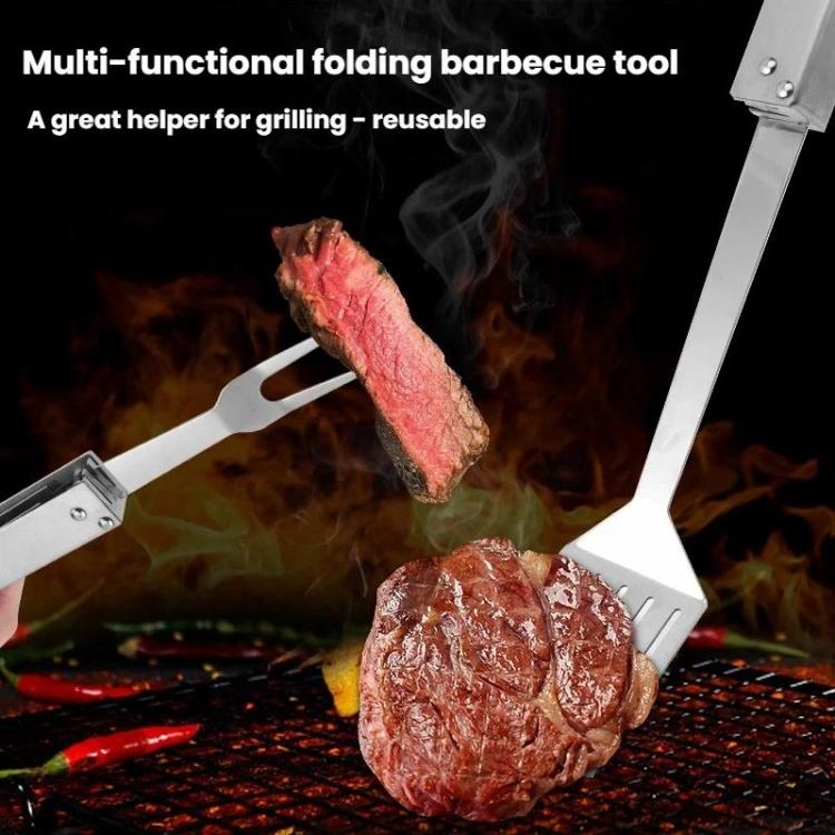 3-in-1 stainless steel BBQ tool with slotted tongs, knife, and fork for grilling