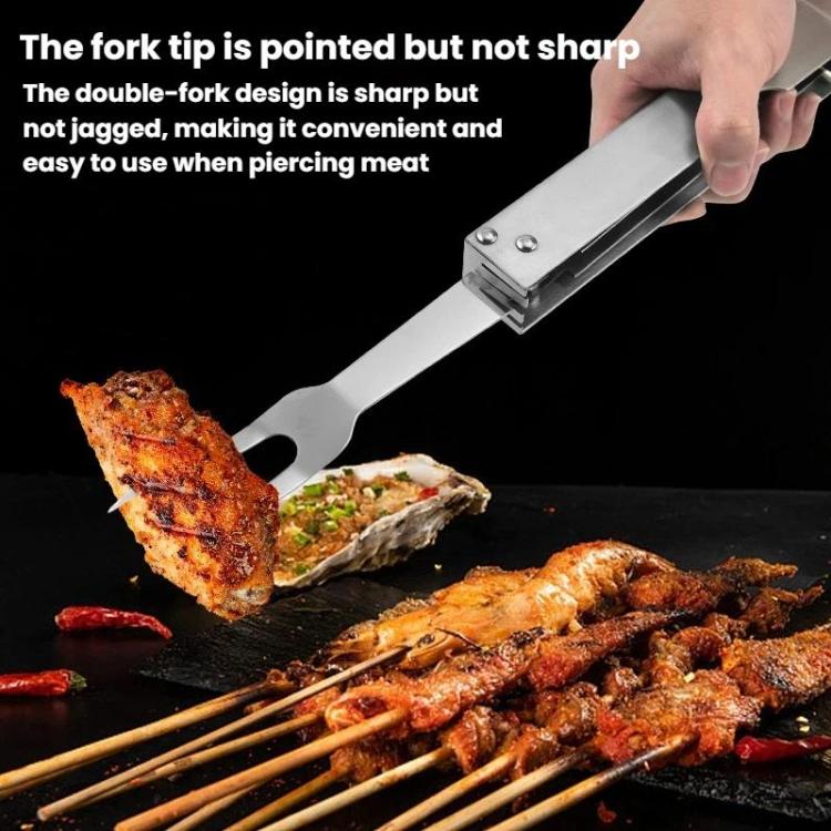 3-in-1 stainless steel BBQ tong tool with pointed fork tips and knife blade