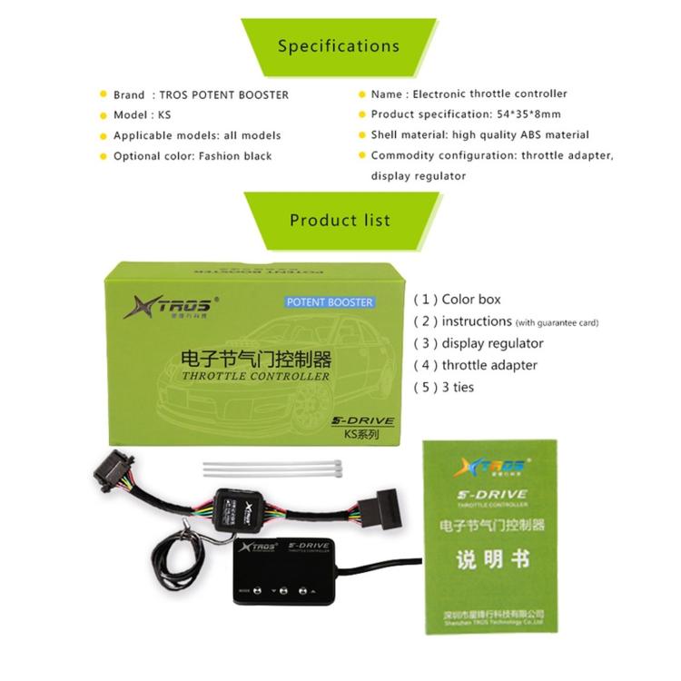 Electronic throttle controller kit in packaging with device, wiring harness, and manual