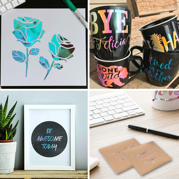 Colorful vinyl cutout designs on paper, plus decor on mugs and framed art