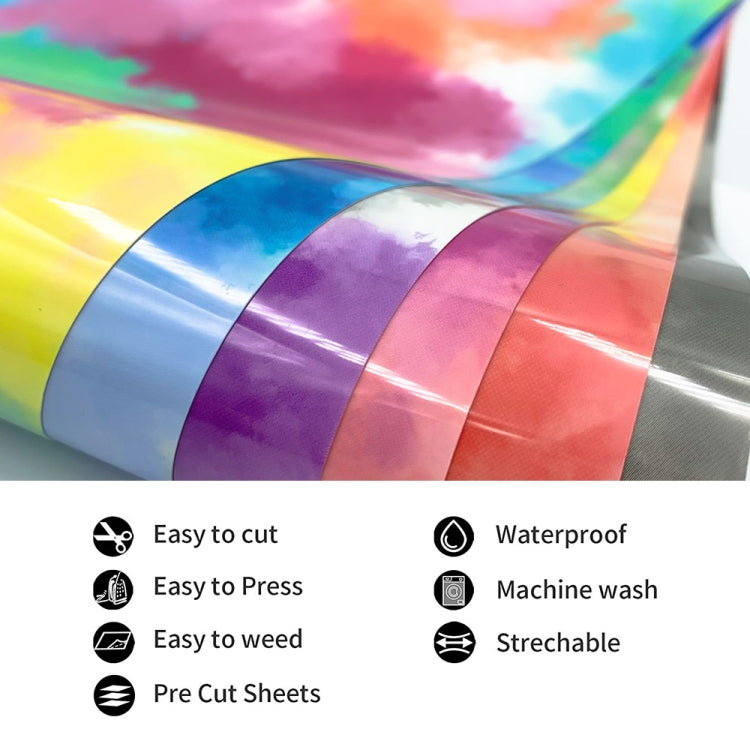 Watercolor tie-dye heat transfer vinyl with bold rainbow bands and cloud-like color blend