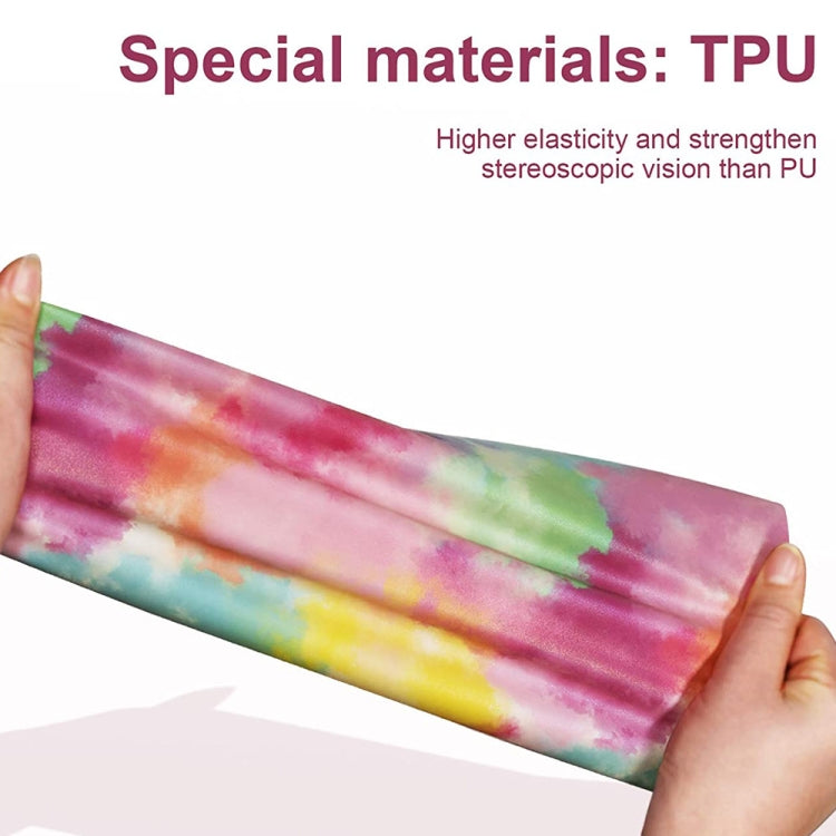 Pastel watercolor tie-dye heat transfer vinyl strip, pink, yellow, green, and purple on clear