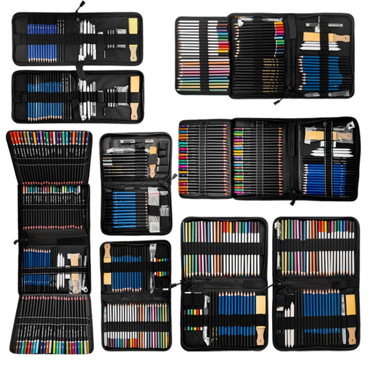 Assorted colored pencil set in black roll case, multiple views of compartments and pencils