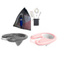 Compact set showing black and pink reclining shampoo basins with accessories