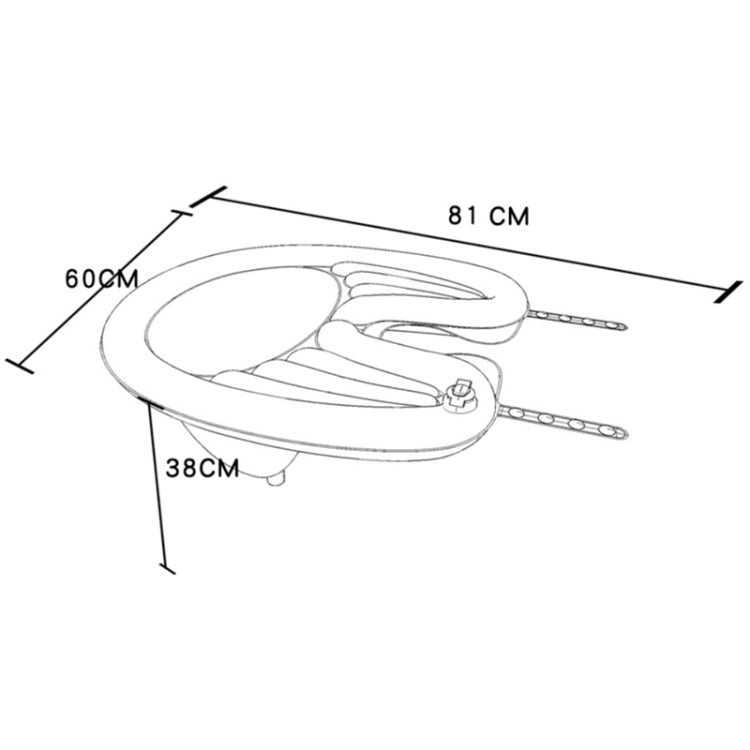Reclining shampoo basin with size measurements labeled 81 cm, 60 cm, 38 cm