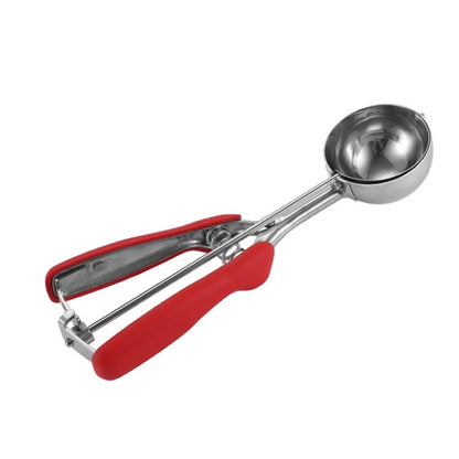 Ice cream scoop with stainless steel bowl and red silicone handle with spring lever