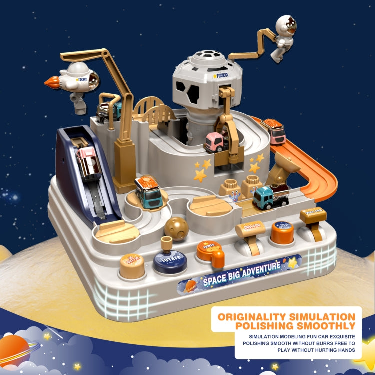 Space-themed mechanical rail car track set with astronaut standing on rocket launcher