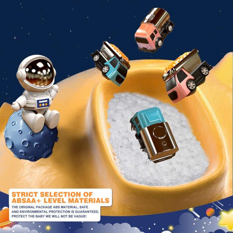 Space-themed mechanical rail car track toy with astronaut figure and rover-like vehicle pieces