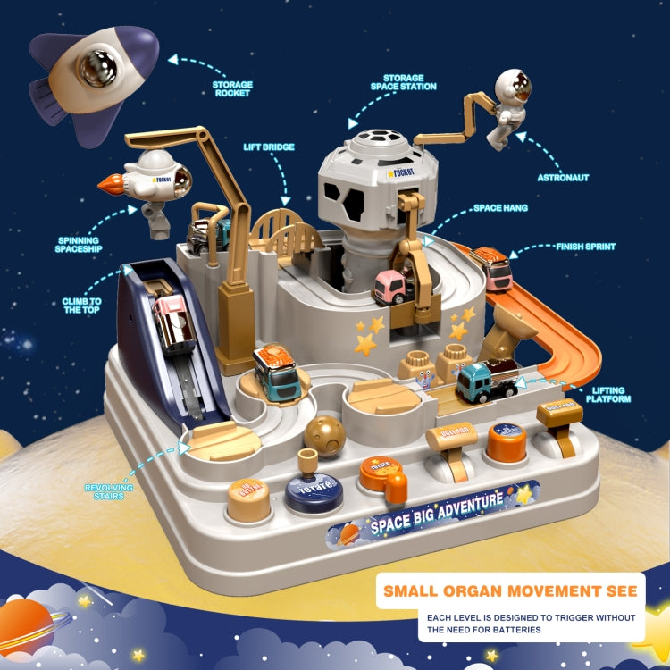 Space-themed mechanical rail car track toy with astronaut figures and three vehicle compartments