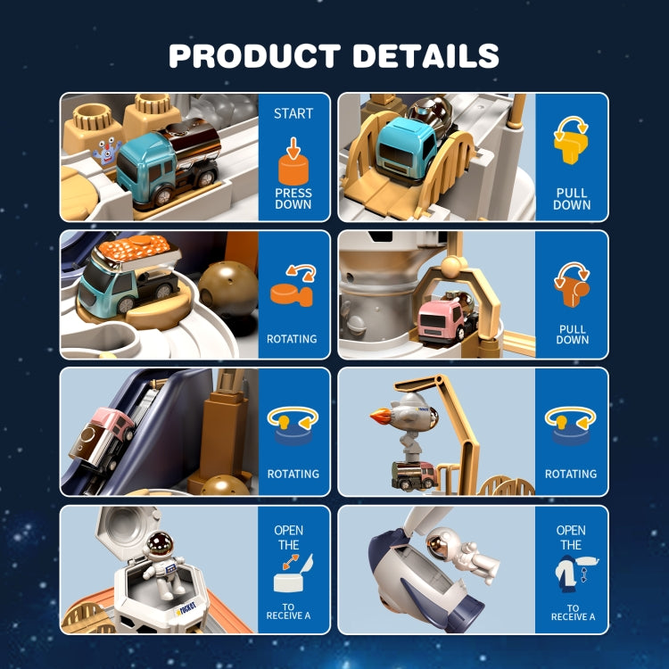 Space-themed mechanical rail car track toy showing interactive moving parts and openings
