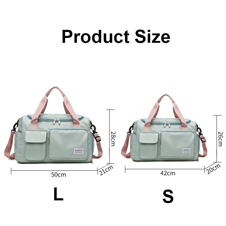 Light teal travel duffel bag with pink handles, shown in S and L sizes