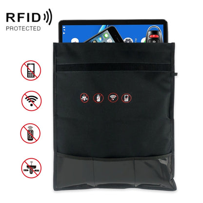 Black RFID shielding protective pouch for keys, phone, or tablet with front pocket