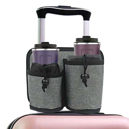 Double cup holder for luggage with two gray insulated pockets and black drawstring