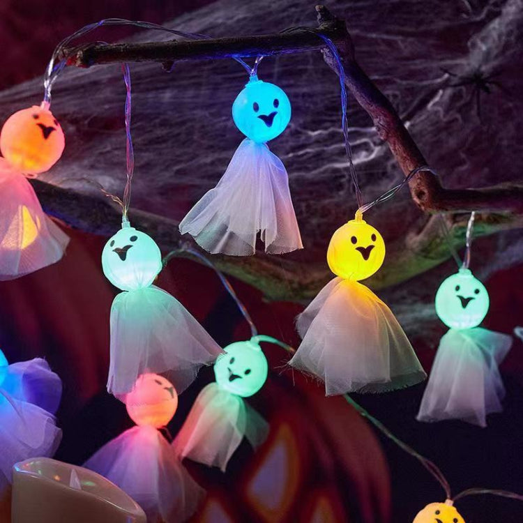 LED ghost string lights with multicolor glowing faces and light tulle skirt ghosts