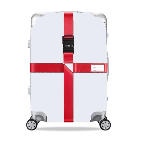White hard-shell suitcase with red cross reinforcement straps and combination lock