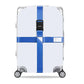 White hard-shell suitcase with blue cross reinforcement straps and combination lock