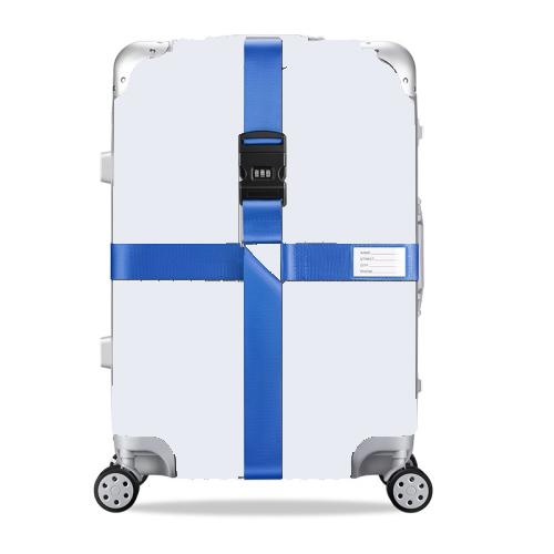 White hard-shell suitcase with blue cross reinforcement straps and combination lock