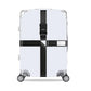 White hard-shell suitcase with black cross reinforcement straps and combination lock