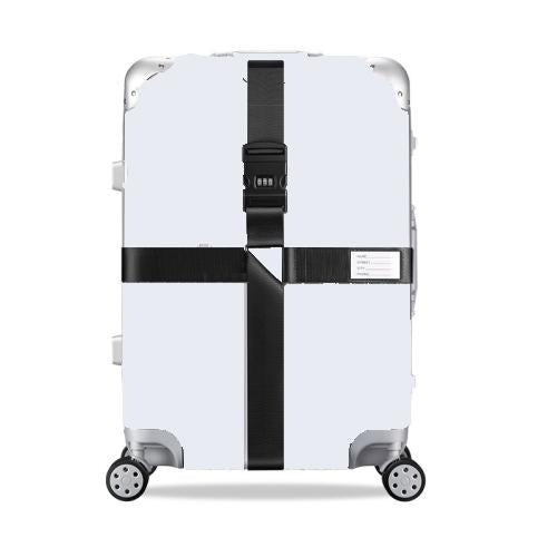 White hard-shell suitcase with black cross reinforcement straps and combination lock