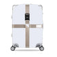 White hard-shell suitcase with khaki cross reinforcement straps and combination lock