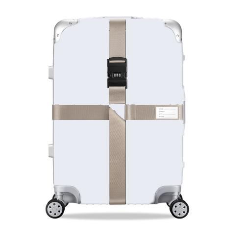 White hard-shell suitcase with khaki cross reinforcement straps and combination lock