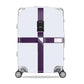 White hard-shell suitcase with purple cross reinforcement straps and combination lock