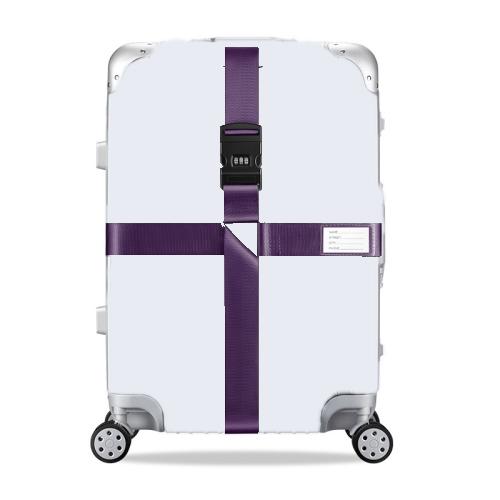 White hard-shell suitcase with purple cross reinforcement straps and combination lock